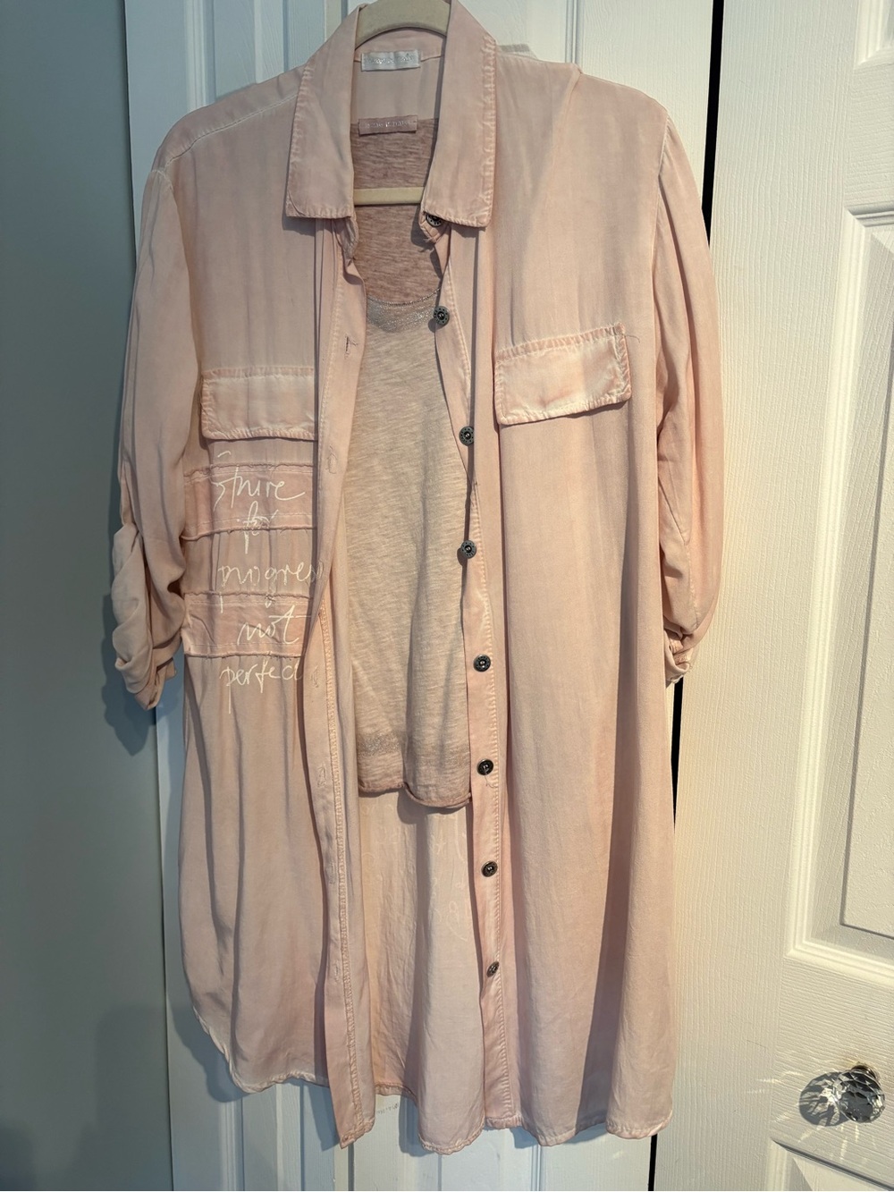 Women's Light Pink Long Button-Front Shirt Jacket
